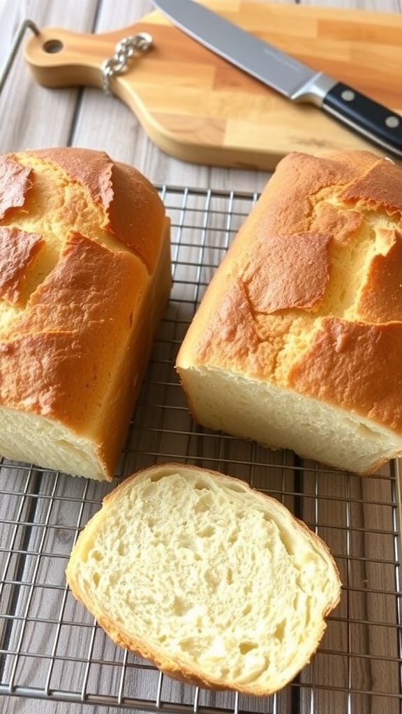 Homemade Sourdough Sandwich Bread Recipe Two golden-brown loaves of sourdough sandwich bread cooling on a rack.